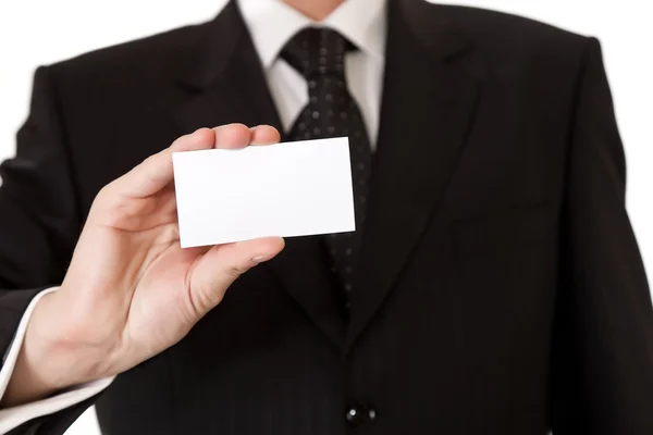 商务人孤立在白色背景上持空白卡 — 图库照片
