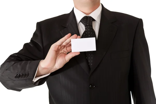 Affärsman hålla tomt kort på vit isolerade bakgrund — Stockfoto