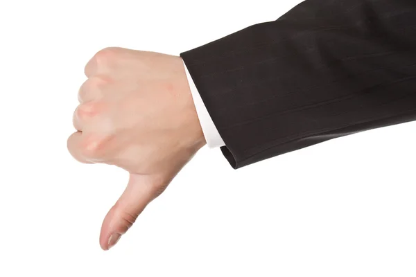 Homem de negócios mão polegares para baixo no fundo isolado branco — Fotografia de Stock