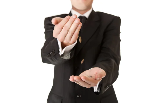 Mann im Anzug mit silbernem Koffer auf weißem Hintergrund — Stockfoto