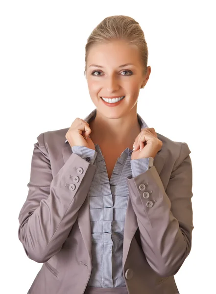 Caucásico rubia mujer de negocios en traje en blanco aislado backgro —  Fotos de Stock