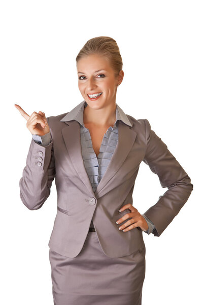 Caucasian blond businesswoman in suit on white isolated backgro