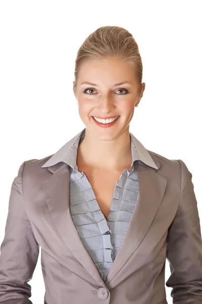 Caucásico rubia mujer de negocios en traje en blanco aislado backgro — Foto de Stock