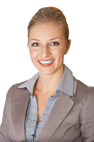 Kaukasische blond zakenvrouw in pak op witte geïsoleerde backgro — Stockfoto