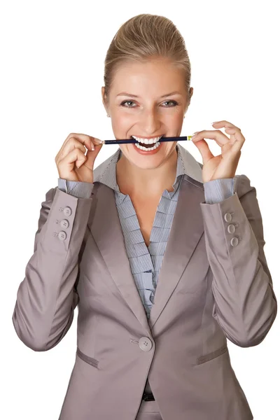 stock image Caucasian blond businesswoman in suit on white isolated backgro