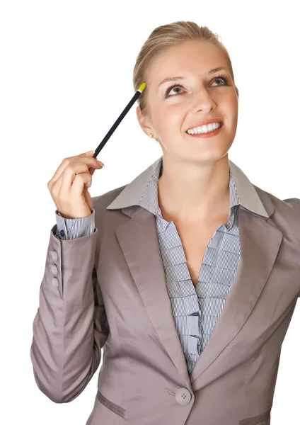 सफेद अलग पृष्ठभूमि पर सूट में काकेशियन सुनहरे बालों वाली व्यवसायी — स्टॉक फ़ोटो, इमेज