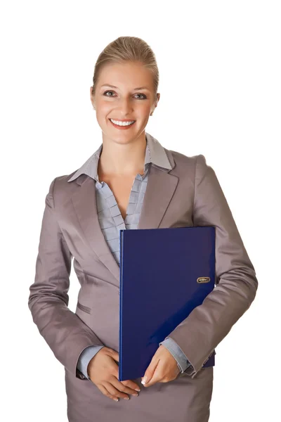 Kaukasische blond zakenvrouw in pak op witte geïsoleerde backgro — Stockfoto