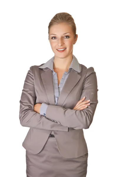 Mulher de negócios loira caucasiana de terno em branco isolado backgro — Fotografia de Stock