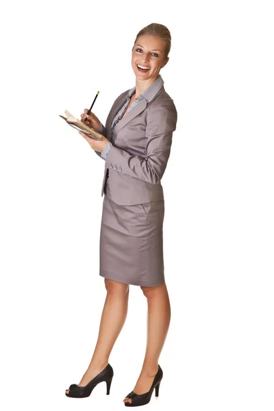 Donna d'affari bionda caucasica in giacca e cravatta con calendario scheduler — Foto Stock