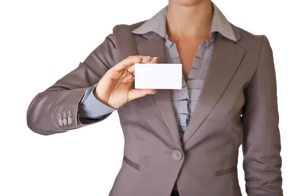Caucasian blond businesswoman in suit on white isolated backgro — Stock Photo, Image
