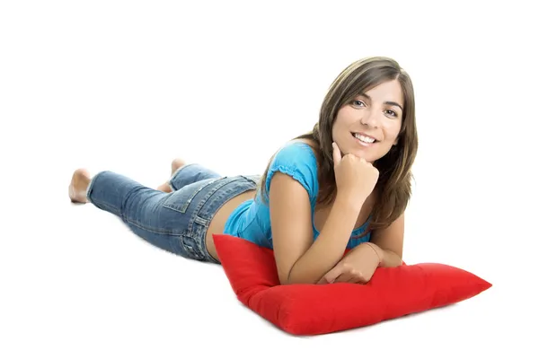 Krásná žena s měkký polštář — Stock fotografie
