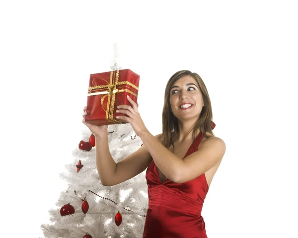 Glad kvinna med gåvor — Stockfoto