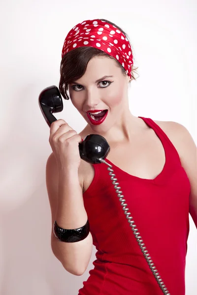 Girl with a vintage phone — Stock Photo, Image
