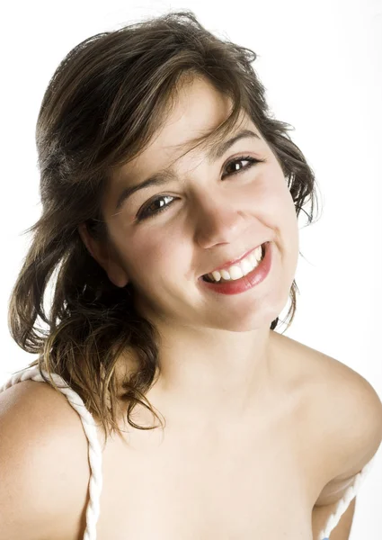 Białym Tle Portret Piękna Młoda Kobieta Szczęśliwa Uśmiechnięta — Zdjęcie stockowe