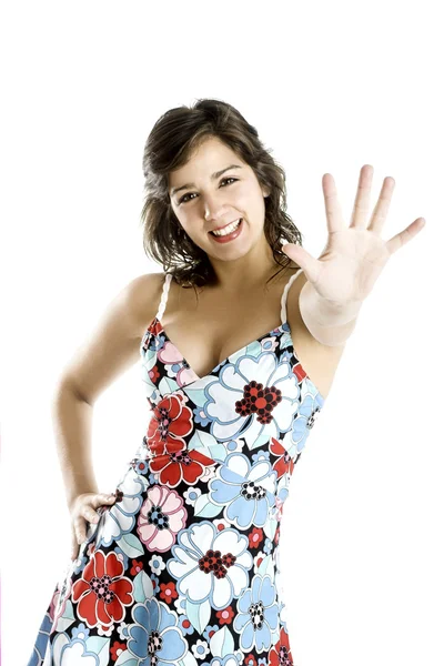 Retrato Uma Jovem Bela Mulher Sorrindo Com Uma Mão Frente — Fotografia de Stock