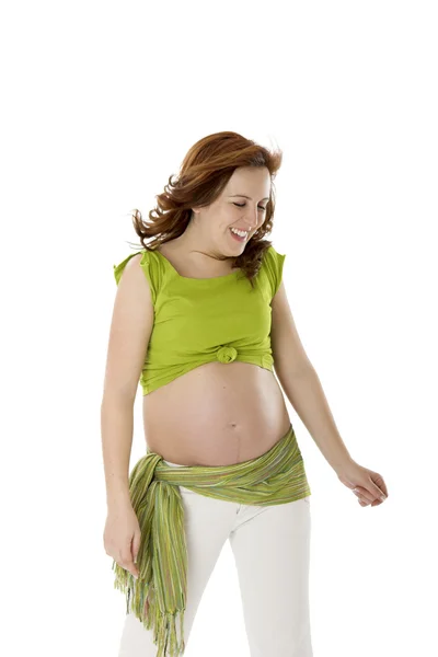 Krásná Těhotná Žena Bílém Těší Tento Nádherný Okamžik — Stock fotografie