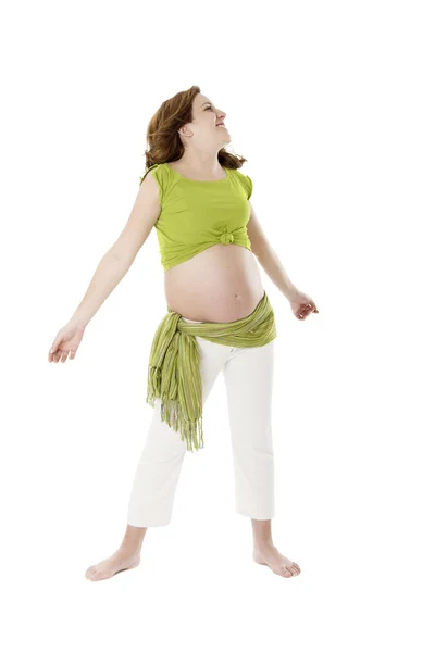Όμορφη Έγκυο Γυναίκα Άσπρο Φόντο Που Απολαμβάνοντας Αυτήν Την Υπέροχη — Φωτογραφία Αρχείου