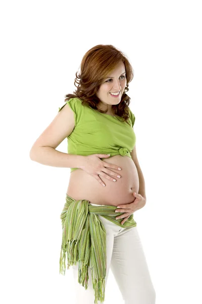 Krásná Těhotná Žena Bílém Těší Tento Nádherný Okamžik — Stock fotografie
