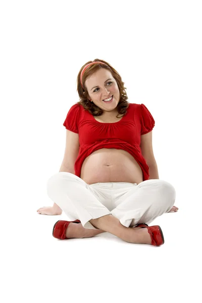 Schöne Schwangere Frau Auf Weiß Genießt Diesen Wunderbaren Moment — Stockfoto