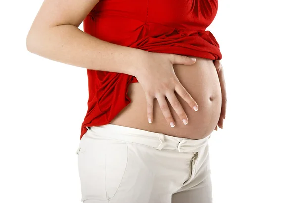 Krásná Těhotná Žena Tento Nádherný Okamžik Červeným Srdcem — Stockfoto