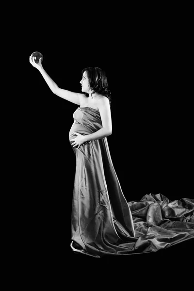 Beautiful Pregnant Woman Holding Crystal Ball Beautiful Dress — Stock Photo, Image