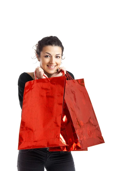 Beautiful Young Woman Shopping Bags White Background — 스톡 사진