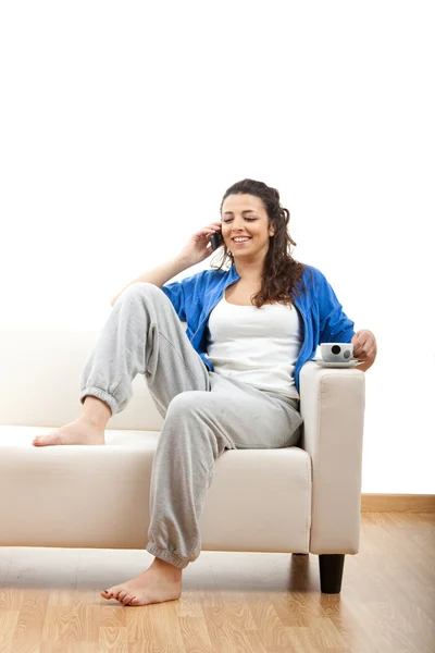 Portrait Girl Seated Couch Making Phone Call — Stock Photo, Image