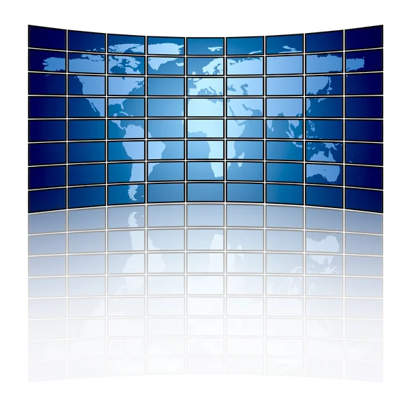 Nagy Panel Összetett Egy Csomó Képernyők Világ Térkép Megjelenítése — Stock Fotó