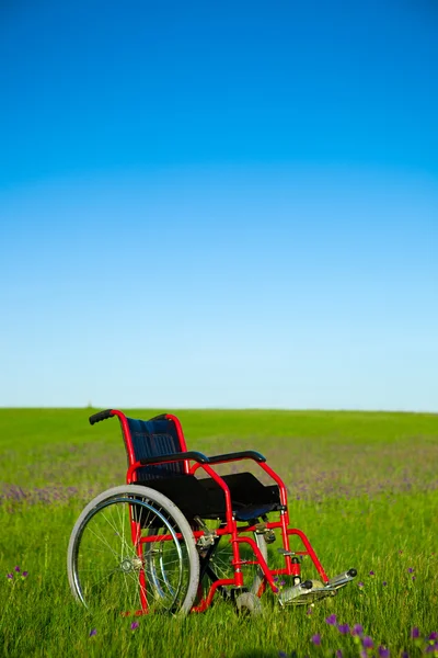 緑の牧草地に捨てられた車椅子のコンセプト イメージ — ストック写真