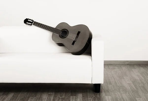 アコースティック ギターのソファの上で素敵な Rom — ストック写真
