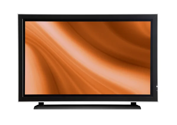 Plasma Lcd Fernseher Auf Weißem Untergrund Mit Orangefarbenem Abstrakten Design — Stockfoto