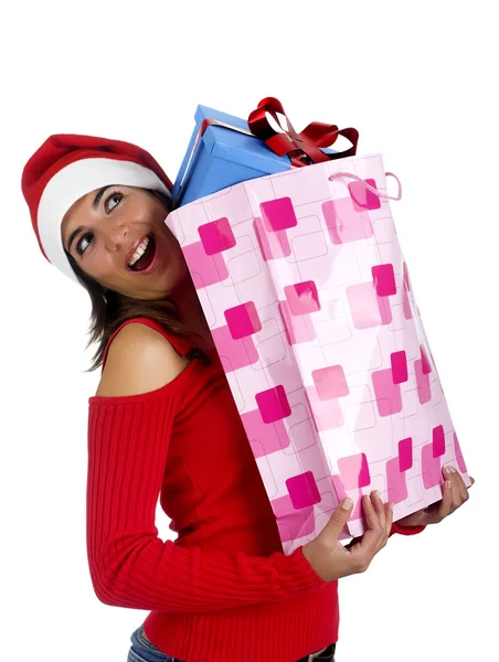 Santa flicka med gåvor — Stockfoto