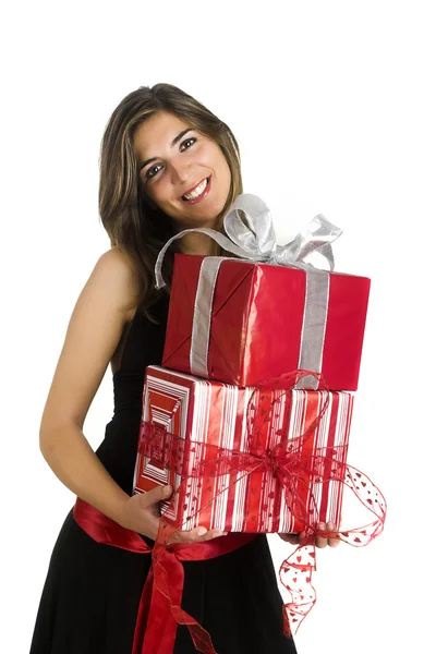 Glad kvinna med gåvor — Stockfoto