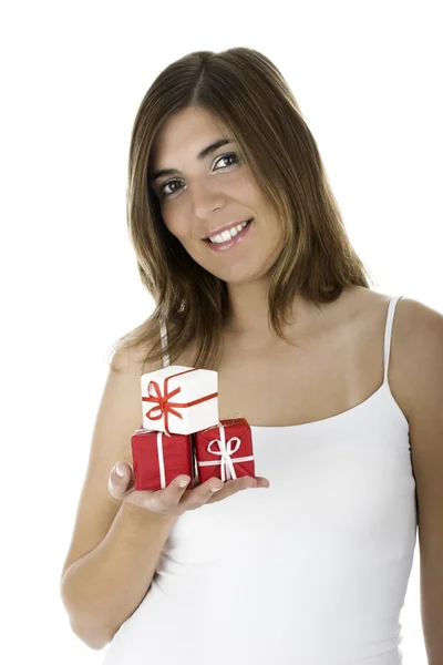 Happy woman with gifts — Stock Photo, Image