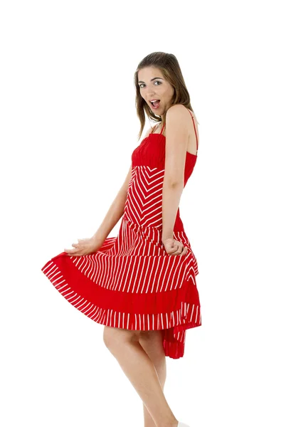 Šťastná žena v červené barvě — Stock fotografie