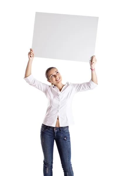 Woman holding a billboard — Stock Photo, Image
