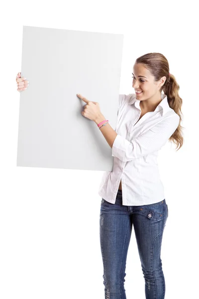 Woman holding a billboard — Stock Photo, Image