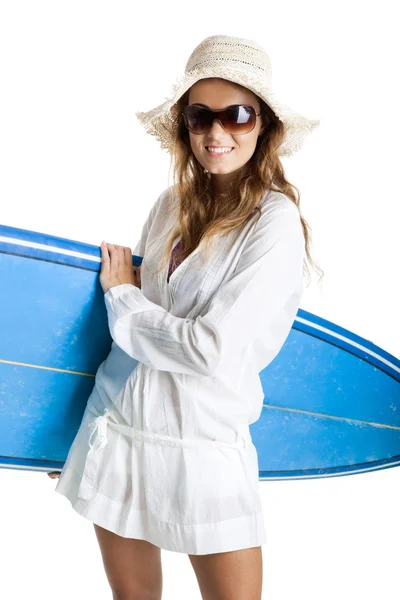 Kobieta z deską surfingową — Zdjęcie stockowe