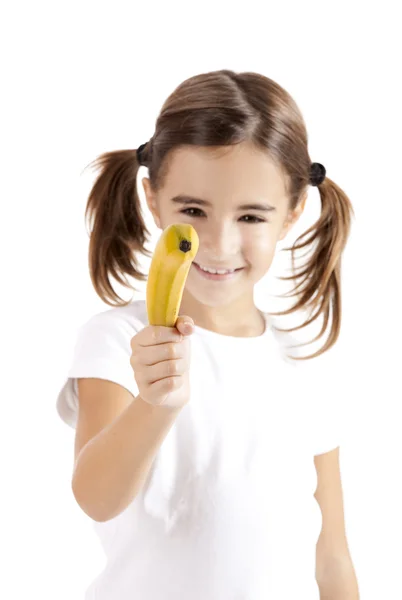 Girl shoot with a banana — Stock Photo, Image