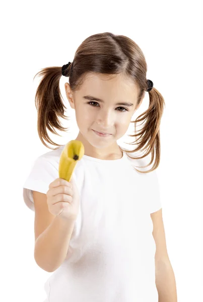 Meisje schieten met een banaan — Stockfoto