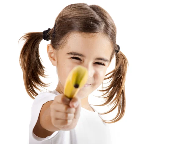 Menina atirar com uma banana — Fotografia de Stock