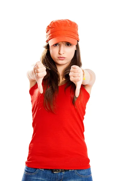 Young girl with thumbs down — Stock Photo, Image