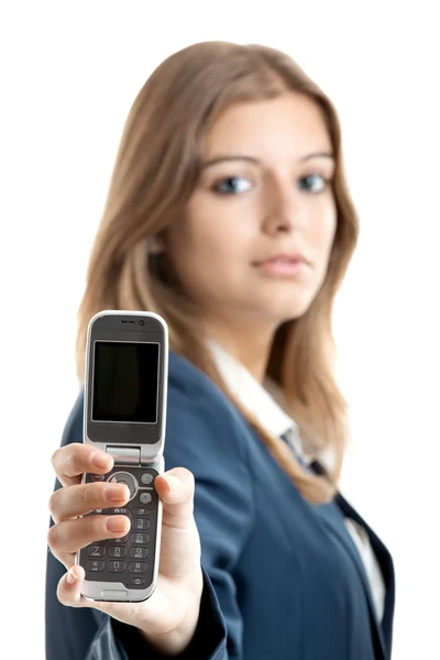 Mulher de negócios usando um telefone celular — Fotografia de Stock