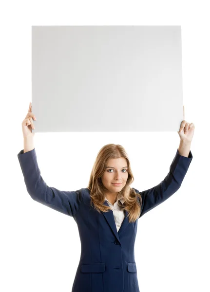 Γυναίκα των επιχειρήσεων κρατώντας μια πινακίδα — Φωτογραφία Αρχείου