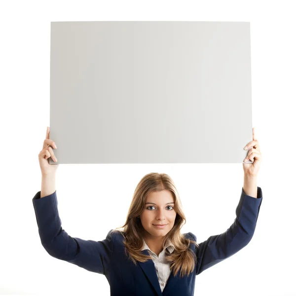 Affärskvinna som innehar en skylt — Stockfoto