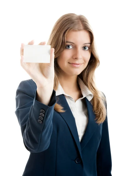 Bela mulher segurando um cartão de visita — Fotografia de Stock