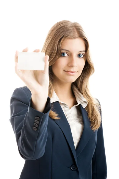 Beautiful woman holding a business card — Stock Photo, Image
