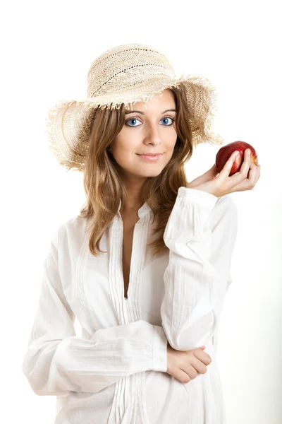 Femme avec une pomme rouge — Photo