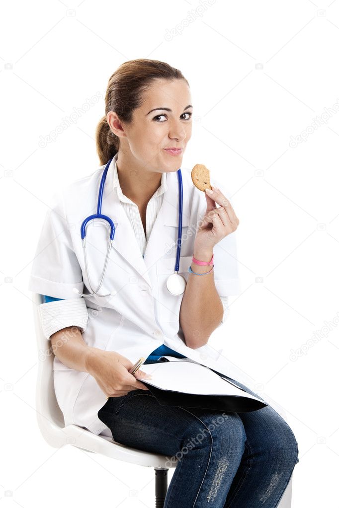 Nurse eating a cookie