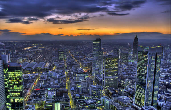 A dramatic sunset over Frankfurt, Germany
